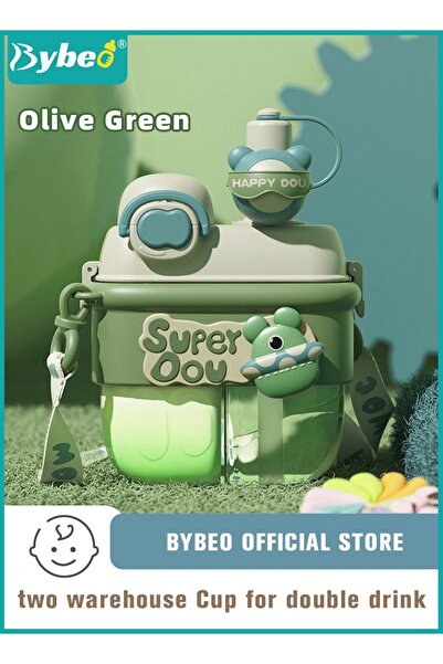 BYBEO Kids Water Bottle, Toddler Straw Cup With Double Drink Compartment, Portable Drinking Cup With Shoul