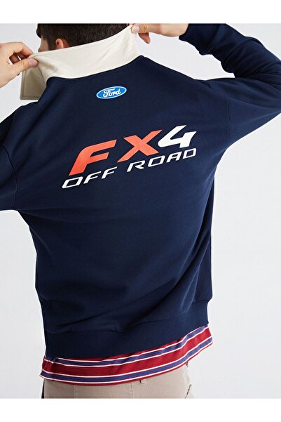 LC Waikiki Xside Navy Blue Polo Collar Ford Printed Men's Sweatshirt