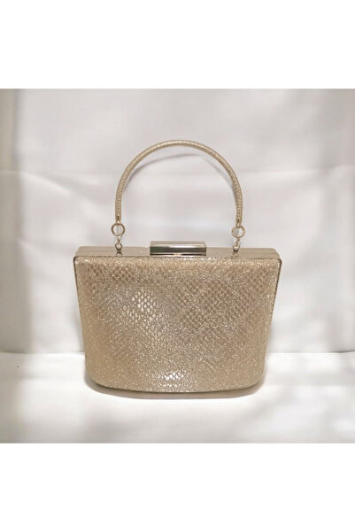 Butik Gold Snake Patterned Evening Bag |   Metal Lock Portfolio Clutch |   With Shoulder and Handle
