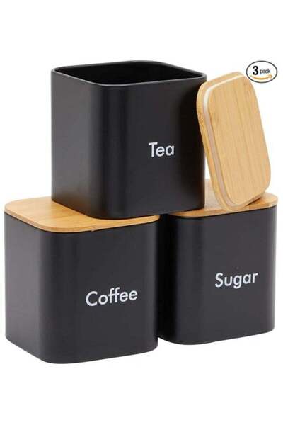 fulina Coffee Tea Sugar Container Set - Black Iron Kitchen Canister Set with Bamboo Lids (3 Pieces, 48 oz)