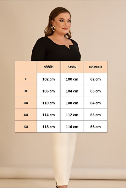 FOR ESRA BIG TREND Women's Plus Size Square V Hollow Neck Metal Accessory Long Sleeve Stretchy Crepe Blouse