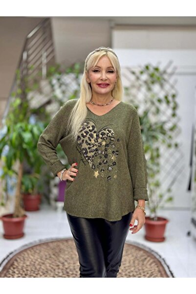 Punta Otantik Yg8023 Heart Patterned Stone Italian Knitwear Blouse Green