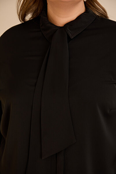 FOR ESRA BIG TREND Women's Plus Size Lapel Tie Button Long Sleeve Woven Shirt