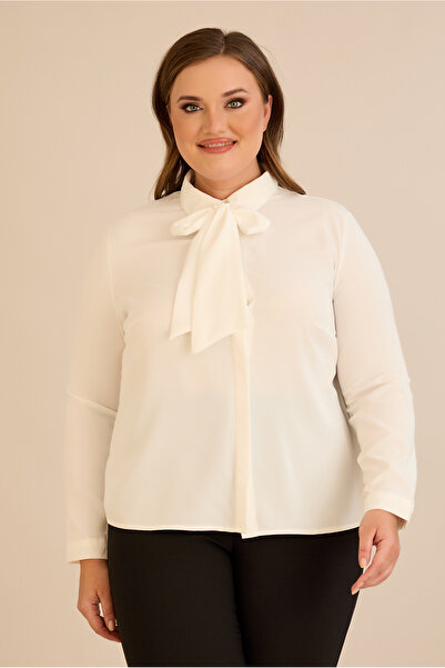 FOR ESRA BIG TREND Women's Plus Size Lapel Tie Button Long Sleeve Woven Shirt