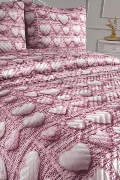 Çeyiz Diyarı Heart-Shaped Ultrasonic Quilted 5D Printed Double Pique Set Pink