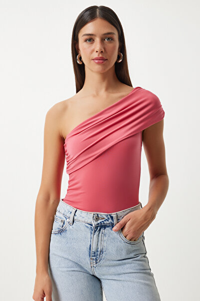 Lovelyİstanbul One Shoulder Gathered Knitted Blouse 325 Ldz0003 Candy Pink