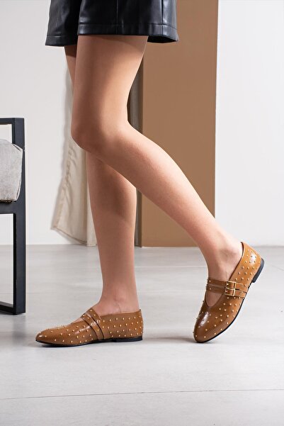 FSKOMBİN Loya Taba Patent Leather Trok Detailed Women's Ballerinas