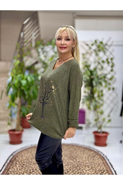 Punta Otantik Yg8021 Tree Patterned Stone Italian Knitwear Blouse Green