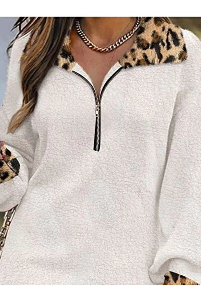 Butik Women's Long Sleeve Collared Front Zipper Leopard Detailed Mini Plush Dress