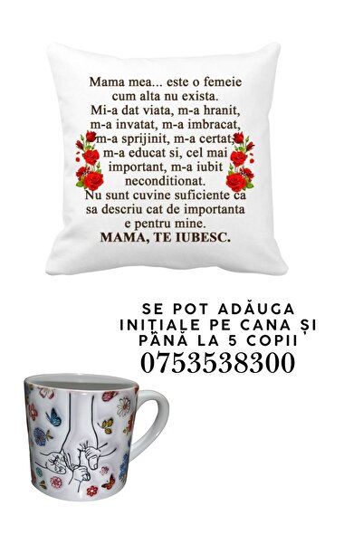 CrisPrint Gift set for mom – Pillow with message + Floral mug "Mother's hand and children's hands"