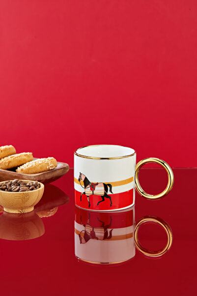 Cooker 200 ml Horse Patterned Porcelain Mug with Gold Handle