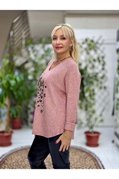 Punta Otantik Yg8023 Heart Patterned Stone Italian Knitwear Blouse Powder