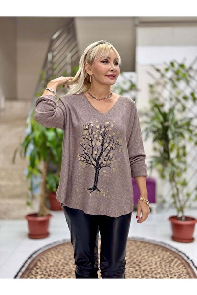 Punta Otantik Yg8021 Tree Patterned Stone Italian Knitwear Blouse Mink