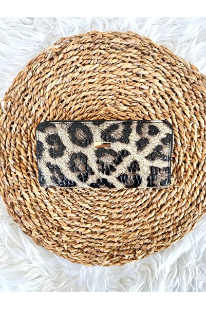 PİNK PEARL Kadın Parlak Leopar Desen Büyük Boy Cüzdan