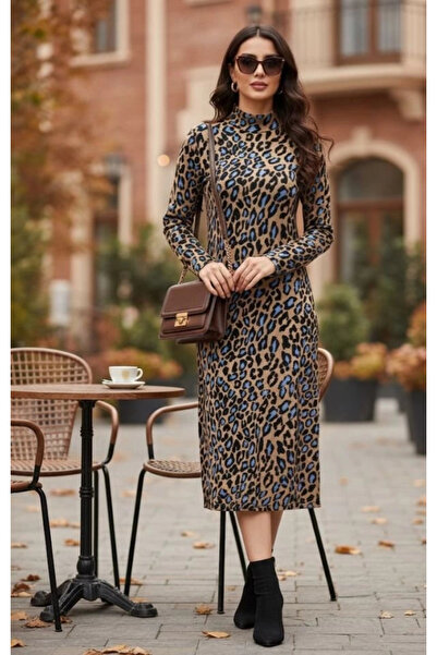 Butik Women's Long Sleeve Turtleneck Leopard Print Midi Dress