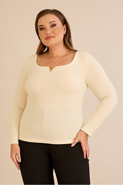 FOR ESRA BIG TREND Women's Plus Size Square V Hollow Neck Metal Accessory Long Sleeve Stretchy Crepe Blouse