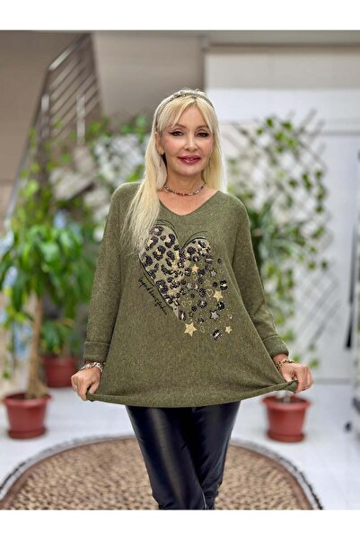 Punta Otantik Yg8023 Heart Patterned Stone Italian Knitwear Blouse Green