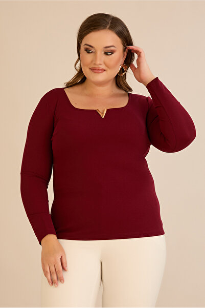 FOR ESRA BIG TREND Women's Plus Size Square V Hollow Neck Metal Accessory Long Sleeve Stretchy Crepe Blouse