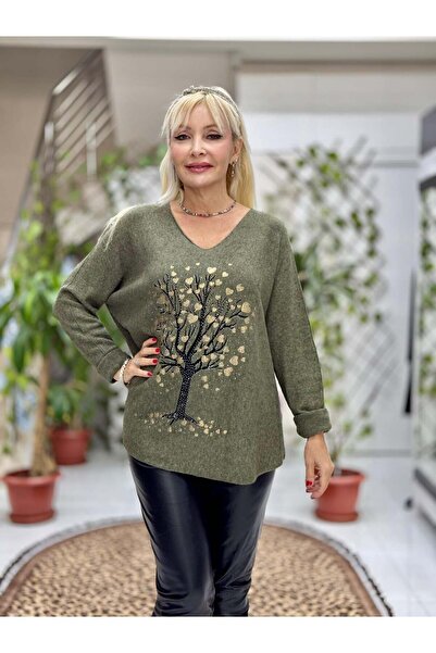 Punta Otantik Yg8021 Tree Patterned Stone Italian Knitwear Blouse Green