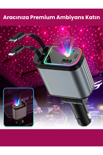 Stary 66W LED Işık Yıldızlı Tavan 3.4A Type-C + Araç USB Çakmaklık Hızlı Şarj...