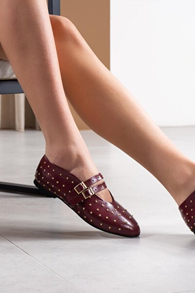 FSKOMBİN Loya Burgundy Patent Leather Trok Detailed Women's Ballerinas