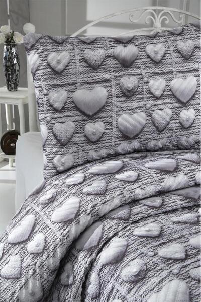 Çeyiz Diyarı Heart-Shaped Ultrasonic Quilted 5D Printed Double Pique Set Gray
