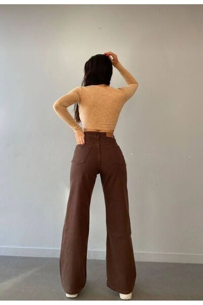 MRİABE Kahverengi Kot Palazzo Kadın Bol Paça
