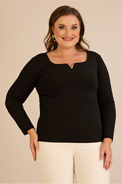 FOR ESRA BIG TREND Women's Plus Size Square V Hollow Neck Metal Accessory Long Sleeve Stretchy Crepe Blouse