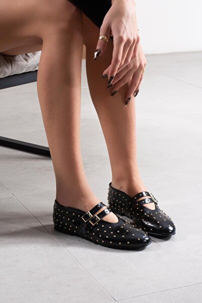 FSKOMBİN Loya Black Patent Leather Trok Detailed Women's Ballerinas