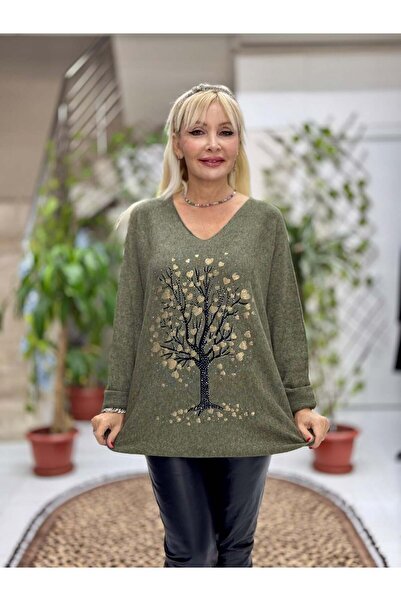 Punta Otantik Yg8021 Tree Patterned Stone Italian Knitwear Blouse Green