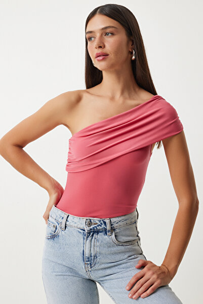 Lovelyİstanbul One Shoulder Gathered Knitted Blouse 325 Ldz0003 Candy Pink