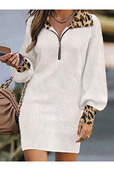 Butik Women's Long Sleeve Collared Front Zipper Leopard Detailed Mini Plush Dress