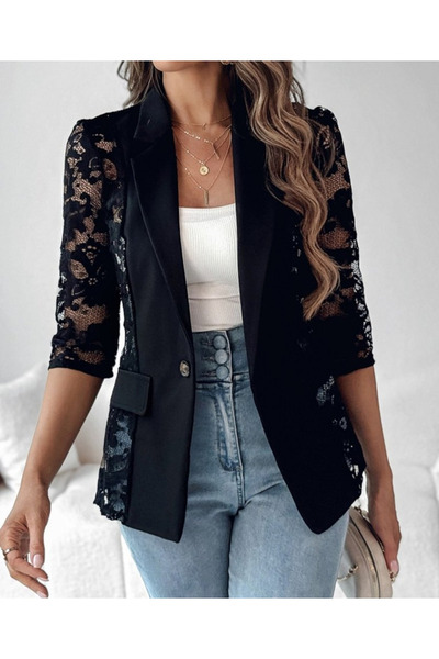 merysare Women's Lace Trim Three Quarter Sleeve Buttoned Pocket Atlas Fabric Jacket