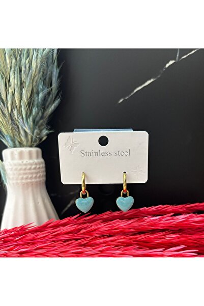 DİAPANTE Mavi Kalp Sarkıtlı Paslanmaz Çelik Halka Küpe — Minik Emaye Kalp, Al...