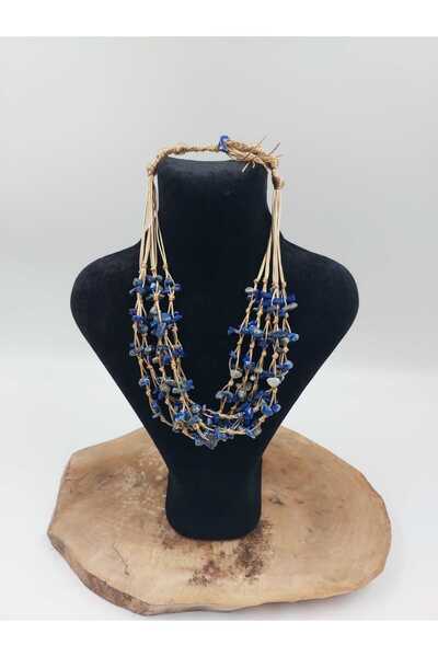 R G Handmade Design Lapis Lazuli Kırık Doğaltaşlı El Yapımı Makrome Kapamalı Kadın Kolye