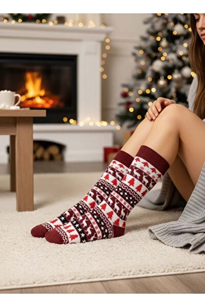 CANMODA جوارب رأس السنة الجديدة ذات طابع الغزلان والصنوبر باللون العنابي - CM167