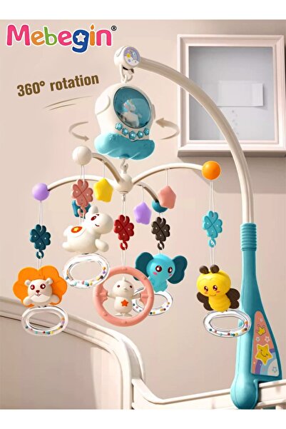 MEBEGIN سرير أطفال متنقل مزود بأضواء وموسيقى وخشخيشة، ملحق سرير عالمي، مقبض س...