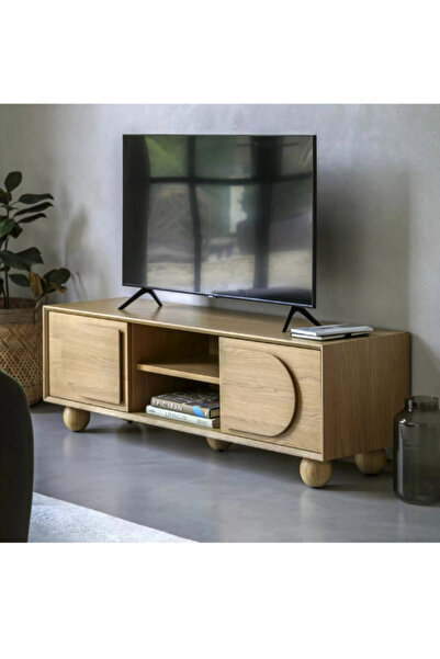 feruzadeco El Yapımı Ahşap TV Ünitesi | Daire Desenli Modern Konsol | Doğal M...