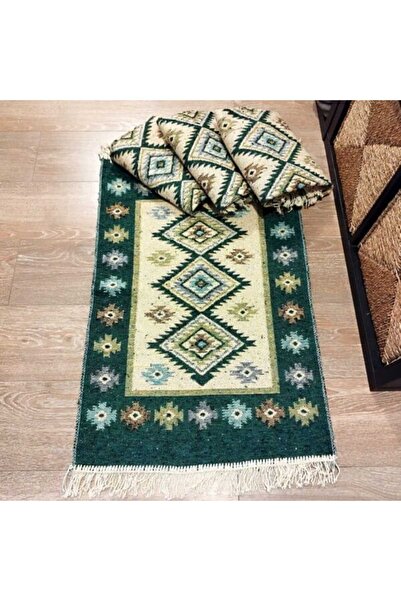 OEM Set of 4 traditional woven rugs, reversible, 60 x 90 cm, Green, ROMB pattern