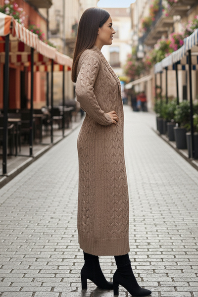 benguen Knitted Patterned Long Knitwear Cardigan R4251 Mink