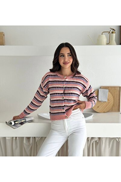 İLKCET MODA Women's Stripe Patterned Colorful Cardigan