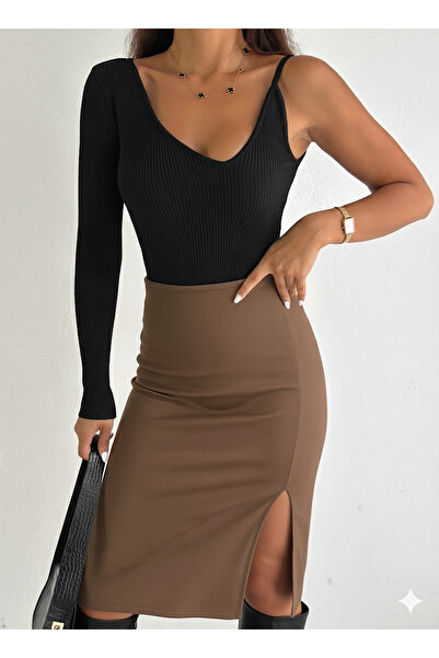 YUSUF CAN KARATAŞ KARATAŞ GİYİM Women's Tan Color Suede Fabric Front Slit Midi Skirt Length 65 cm 1924