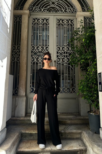 BEJNA Women's Off-Shoulder Soft Modal Textured Bottom Top Set