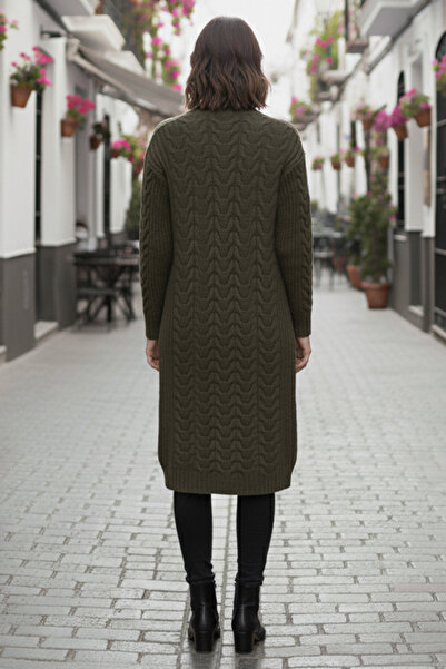 benguen Knitted Patterned Long Knitwear Cardigan R4251 Khaki