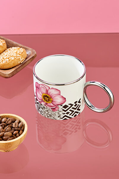 Cooker 200 ml Flower Patterned Silver Handle Porcelain Mug Cup