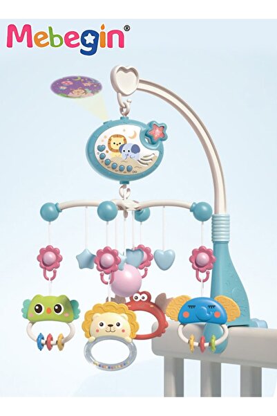 MEBEGIN سرير أطفال متنقل مزود بأضواء وموسيقى وخشخيشة عضاضة، ملحق سرير عالمي مع جهاز عرض على شكل نجمة