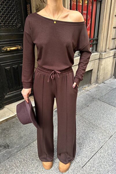 BEJNA Women's Off-Shoulder Soft Modal Textured Bottom Top Set