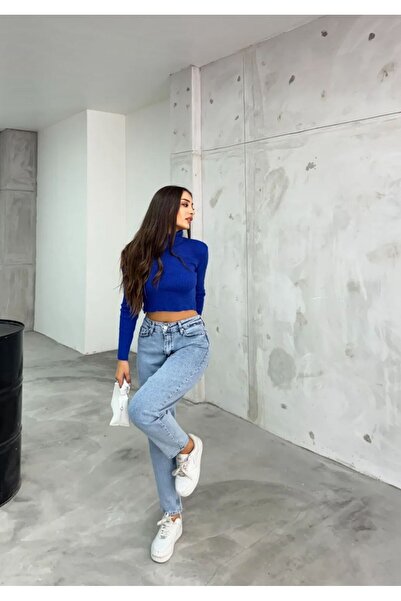 MRİABE بنطلون جينز أمي باللون الأزرق للموسم الجديد بخصر عالٍ