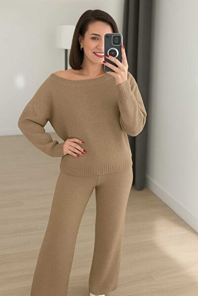 MODAMERSİ Women's Mink Boat Neck Sweater-Pants Knitwear Set