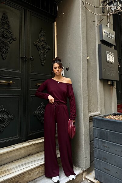 BEJNA Women's Off-Shoulder Soft Modal Textured Bottom Top Set